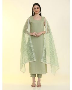 Solid Straight Silk Blend Straight Kurta & Trousers Sets-LF-Siya-262 Green
