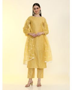 Floral Embroidered Silk Blend Straight Kurta & Trousers Sets-LF-Yamuna-301 Yellow