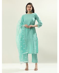 Floral Embroidered Silk Blend Straight Kurta & Trousers Sets-LF-Yamuna-302 Light Blue