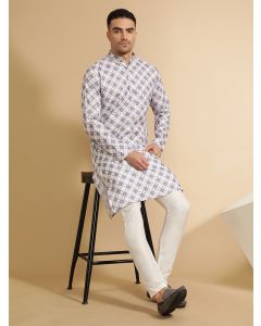 Floral Print Mandarin Collar Cotton Kurta For Men-LKS2904C Off White