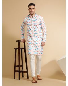 Abstract Print Mandarin Collar Cotton Kurta For Men-LKS3905D Multi