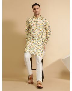 Abstract Print Mandarin Collar Cotton Kurta For Men-LKS4906C Yellow