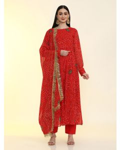 Bandhani Printed Anarkali Georgette Flared Kurta & Trousers Sets-Mataji Red