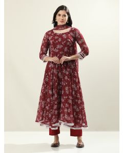 Floral Printed Anarkali Georgette Flared Kurta & Trousers Sets-Mirchi Maroon