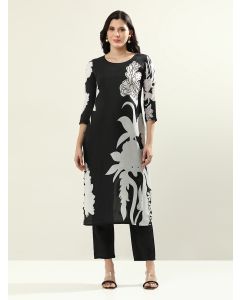 Printed Floral Silk Blend Kurta Sets-MITU DRESS1 Black