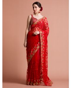 Floral Embroidered Net Red Party Wear Saree