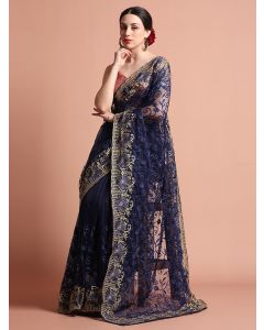 Navy Blue Heavy Floral Embroidered Net Party Wear Saree