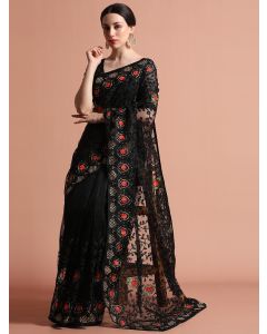 Heavy Floral Embroidered Net Party Wear Black Saree