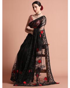 Party Wear Floral Black Embroidered Net Saree