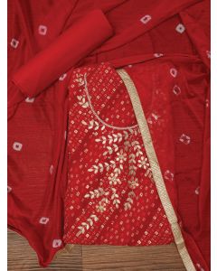 Red Unstitched Cotton Bandhani Printed Dress Material With Dupatta	