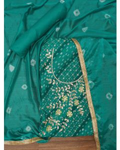 Green Unstitched Cotton Bandhani Printed Dress Material With Dupatta	