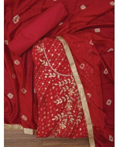 Unstitched Cotton Bandhani Printed Pink Dress Material With Dupatta	