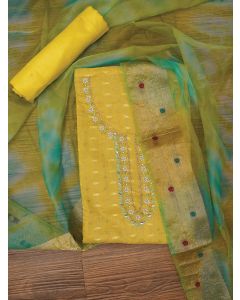 Green Cotton Blend Embellished Dress Material with Dupatta