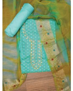 Sea Green Cotton Blend Embellished Dress Material with Dupatta