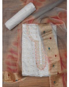 Grey Cotton Blend Embellished Dress Material with Dupatta