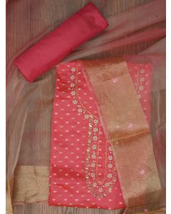 Pink Cotton Blend Embellished Dress Material with Dupatta