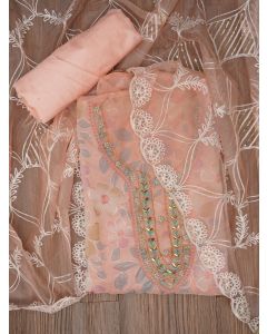 Peach Floral Embroidered Organza Dress Material with Dupatta