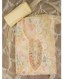 Yellow Floral Embroidered Organza Dress Material with Dupatta