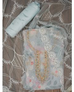 Sea Green Floral Embroidered Organza Dress Material with Dupatta