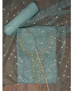 Sea Green Festive Embellished Organza Dress Material with Dupatta