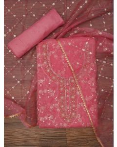 Pink Festive Embellished Organza Dress Material with Dupatta