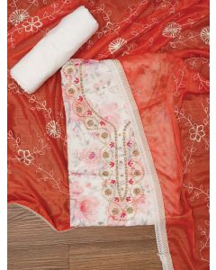 Cotton Blend Embellished Multicolor Dress Material with Dupatta