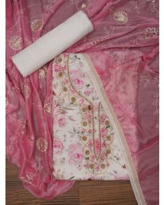 Cotton Blend Multicolor Embellished Dress Material with Dupatta