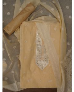 Beige Cotton Woven Design Embellished Dress Material with Dupatta