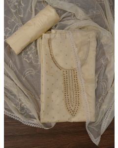 Off White Cotton Woven Design Embellished Dress Material with Dupatta