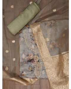 Sea Green Embellished Floral Printed Organza Dress Material with Dupatta