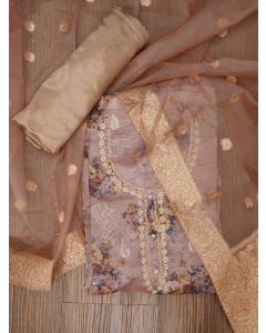 Beige Embellished Floral Printed Organza Dress Material with Dupatta