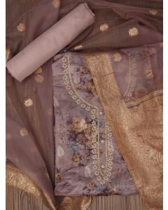 Rose Gold Embellished Floral Printed Organza Dress Material with Dupatta