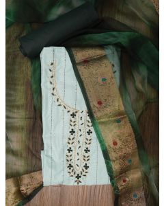 Sea Green Cotton Woven Design Embellished Dress Material with Dupatta