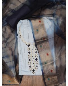 Teal Blue Cotton Woven Design Embellished Dress Material with Dupatta