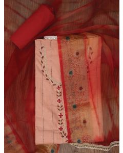 Peach Cotton Woven Design Embellished Dress Material with Dupatta
