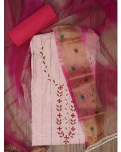 Pink Cotton Woven Design Embellished Dress Material with Dupatta