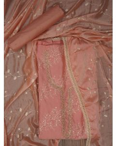 Peach Sequin Embroidered Pure Cotton Dress Material with Dupatta