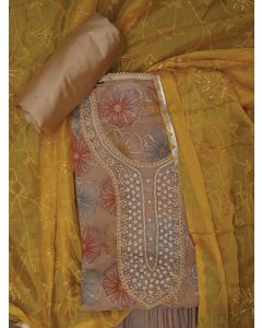 Beige Floral Sequin Embroidered Organza Dress Material with Dupatta