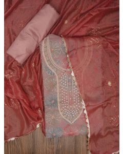 Peach Floral Sequin Embroidered Organza Dress Material with Dupatta