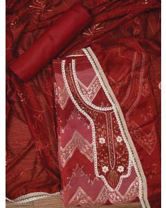 Red Sequin Embroidered Organza Dress Material with Dupatta