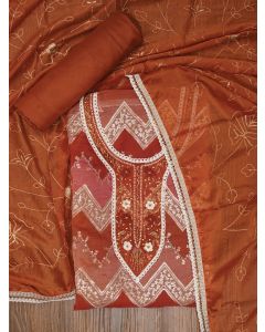 Rust Sequin Embroidered Organza Dress Material with Dupatta