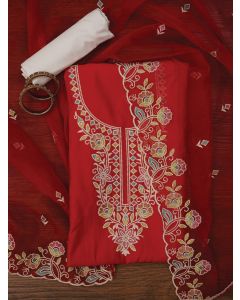 Red Zari Pure Cotton Dress Material with Dupatta