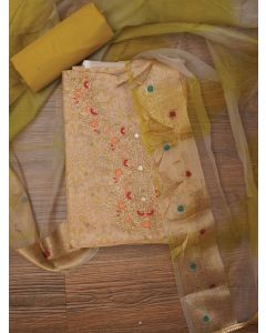 Lime Green Embellished Organza Dress Material with Dupatta