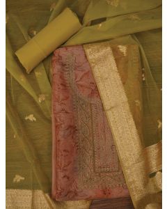 Floral Printed Multicolor Embellished Organza Dress Material with Dupatta