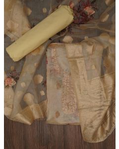 Beige Floral Printed Embellished Organza Dress Material with Dupatta