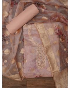 Peach Floral Printed Embellished Organza Dress Material with Dupatta