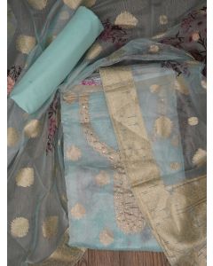 Sea Green Floral Printed Embellished Organza Dress Material with Dupatta
