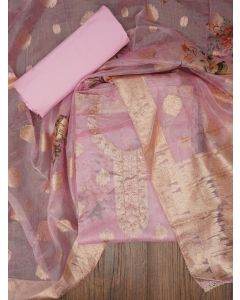 Pink Floral Printed Embellished Organza Dress Material with Dupatta