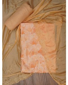 Beige Sequin Embellished Floral Printed Cotton Dress Material with Dupatta