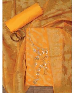 Mustard Zari Woven Silk Blend Dress Material with Dupatta